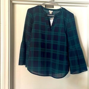 J. Crew Factory navy and green plaid blouse with bell sleeves SP petite NWT